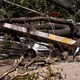 Electricity department workers remove damaged poles stuck under uprooted trees after a dust storm hit New Delhi on May 16, 2018.